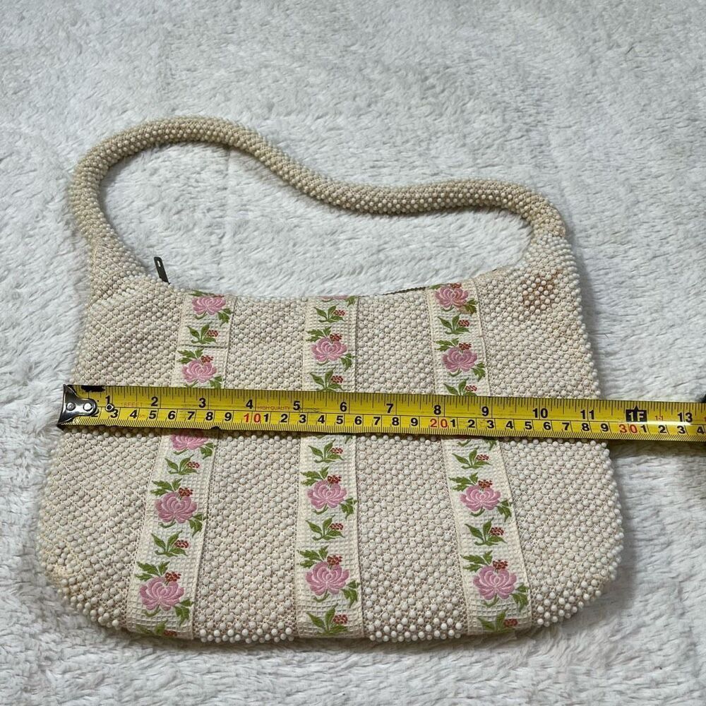 Vintage 1950s John Wind Lumured Rose Beaded Hand Bag Purse - Picture 9 of 10